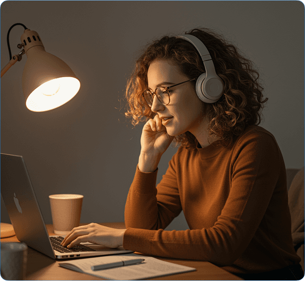 Woman working on a laptop with headphones